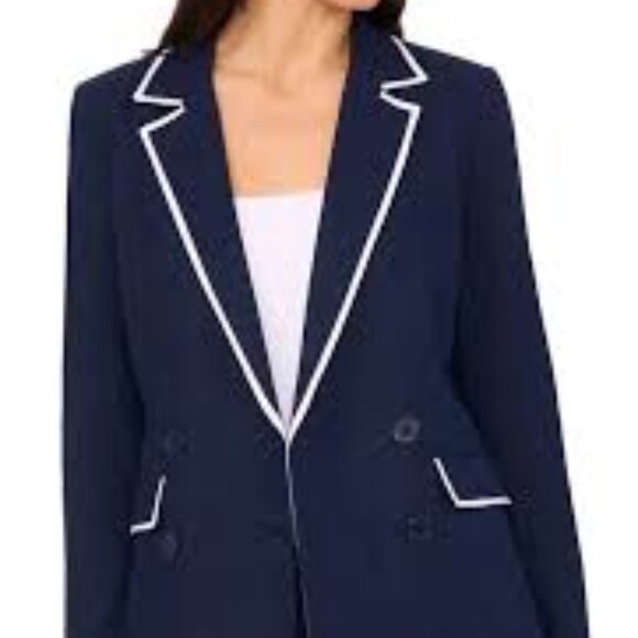 NWOT Halogen Dark Blue Blazer with White Piping Size Small 55% Linen - Picture 1 of 8